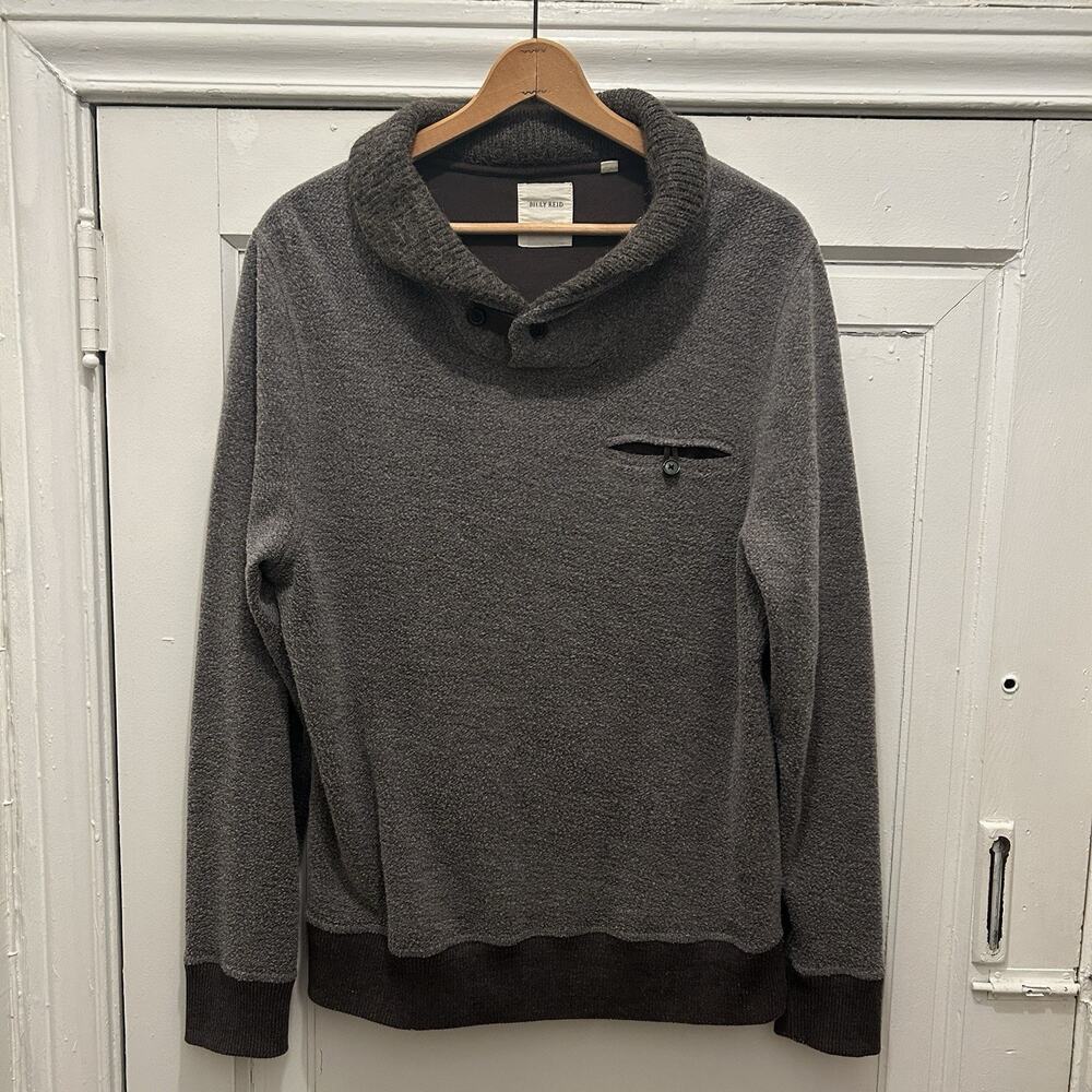 Men’s Billy Reid Shawl Sweater Size XL Grey Brown Shaggy Texture Soft Pullover